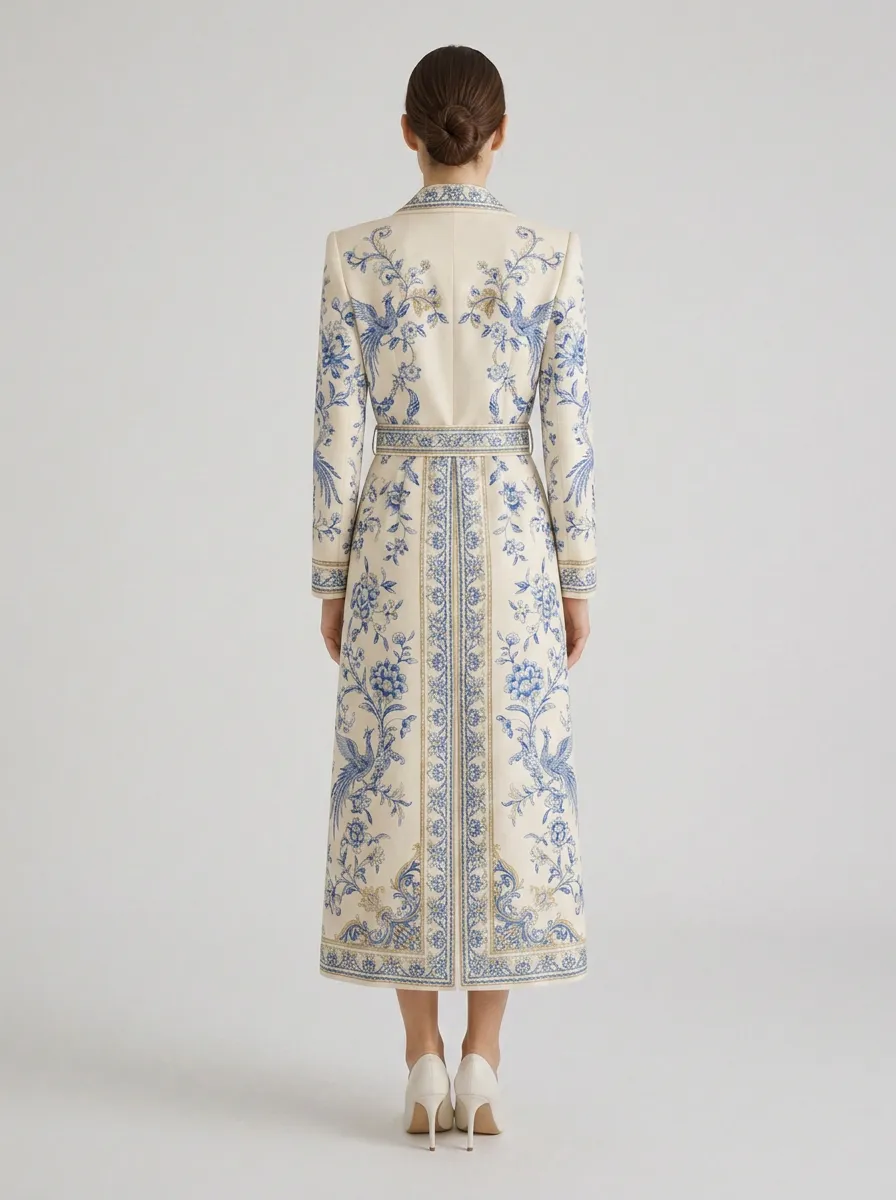 Women's Vintage Floral Porcelain Pattern Printed Trench Coat