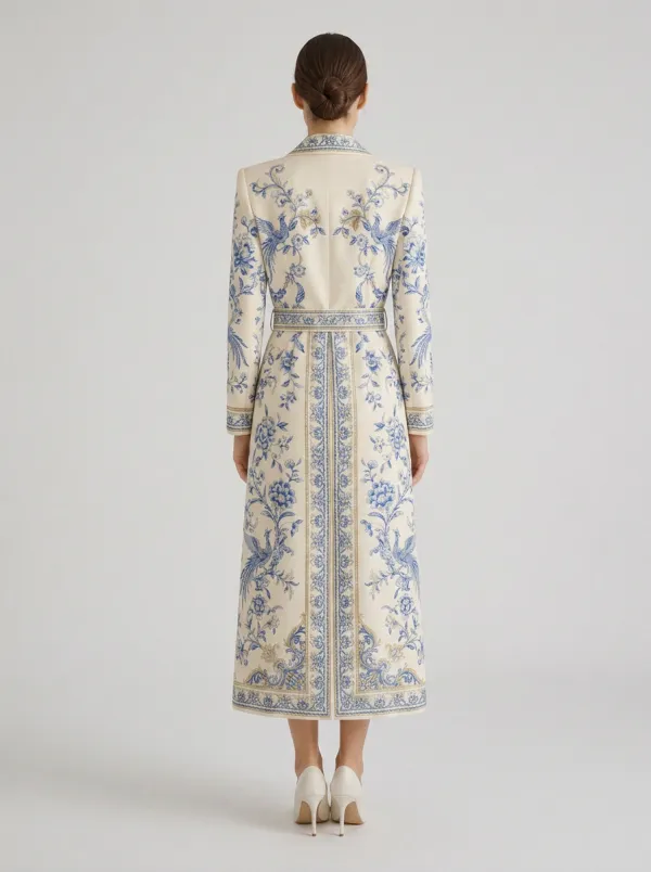 Women's Vintage Floral Porcelain Pattern Printed Trench Coat