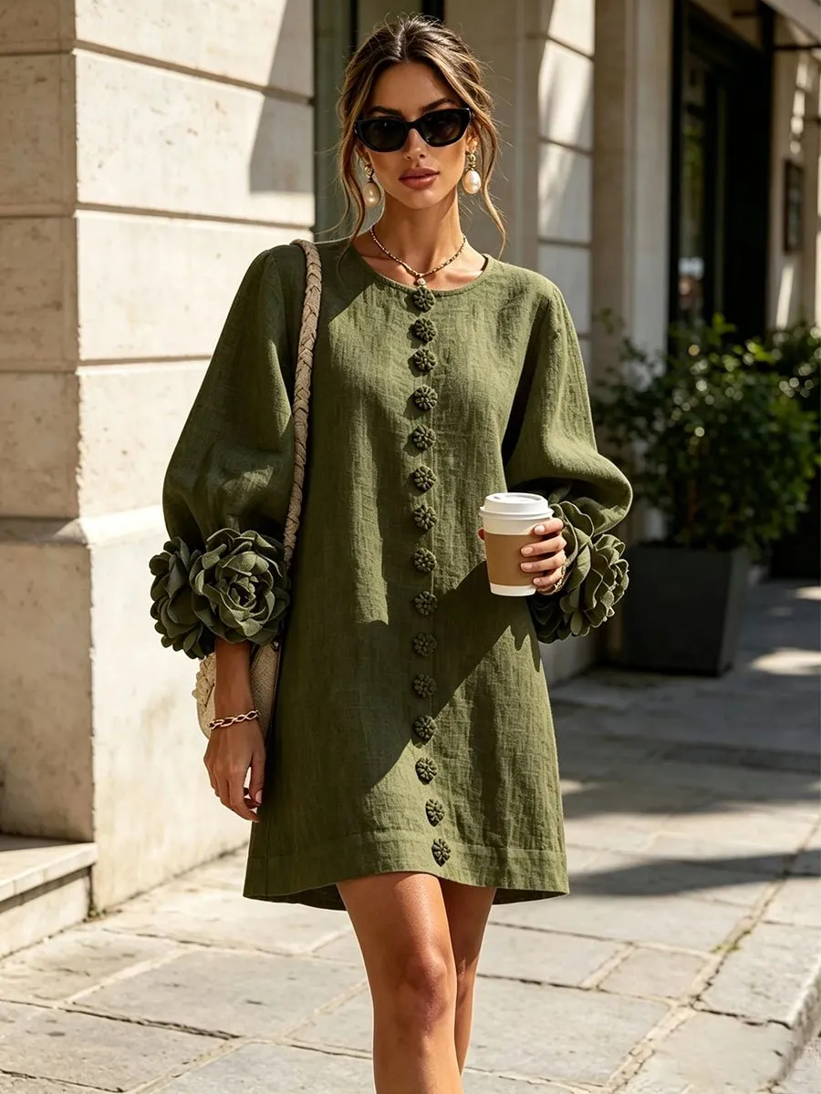 Printed 3D Floral Button-Front Mini Dress