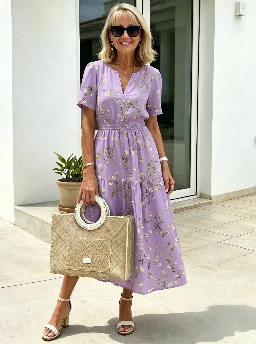 Women's Summer Vacation Daisy Floral Printed Midi Dress