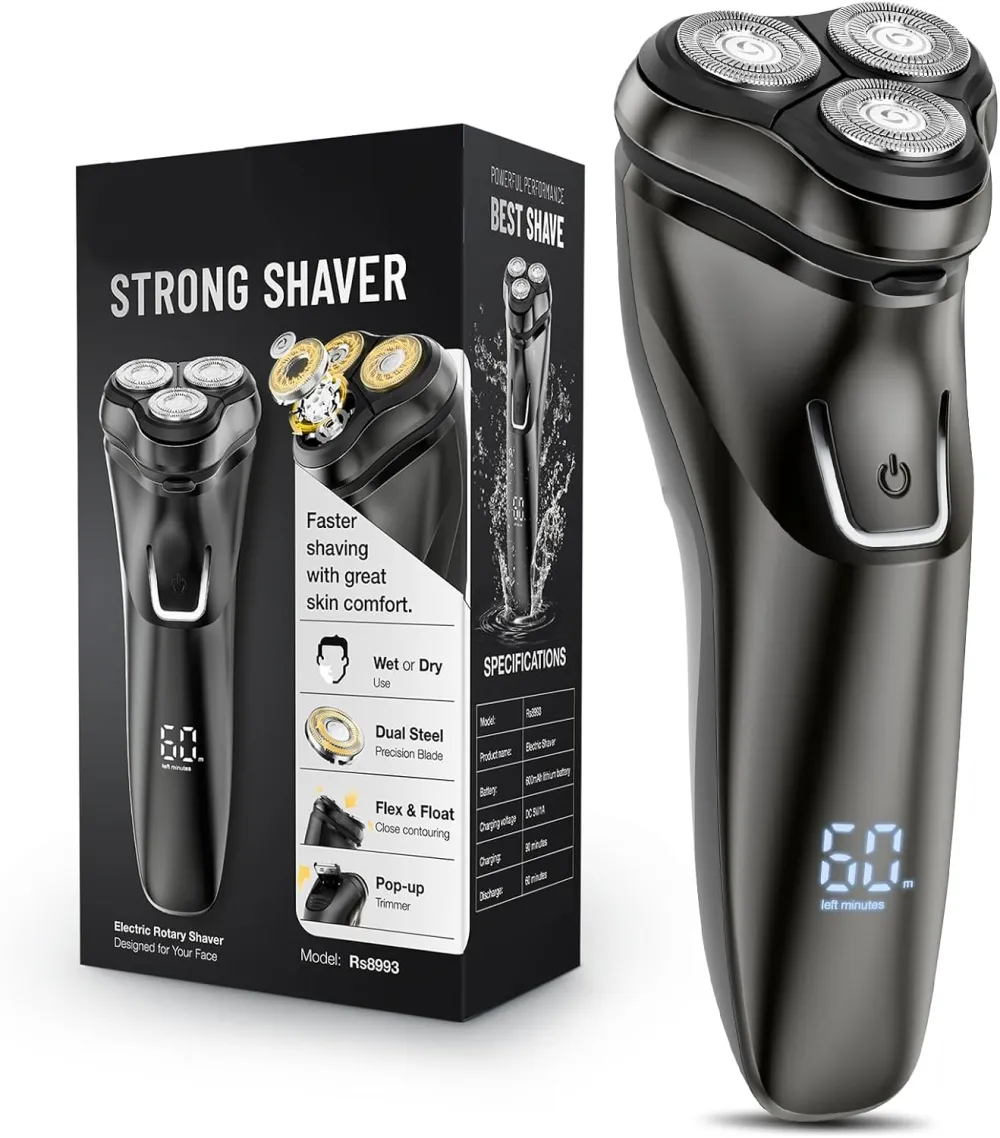 Electric Razor for Men Waterproof: 5D Floating Rotary Shaver for Travel Wet or Dry - 𝐒𝐞𝐧𝐬𝐢𝐭𝐢𝐯𝐞 𝐒𝐤𝐢𝐧 𝐂𝐚𝐫𝐞, USB Fast Charging, Stainless Steel Blades, Pop-up Trimmer Chic Black
