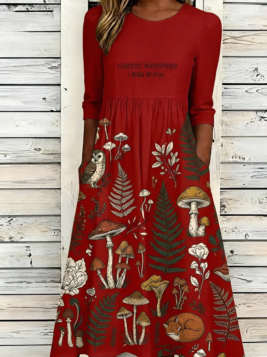 Women's Forest Mushroom Fern Owl Printed Dress