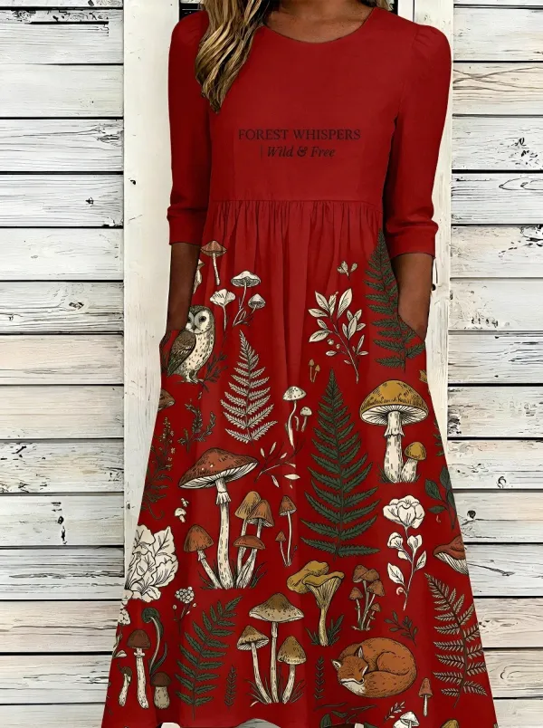 Women's Forest Mushroom Fern Owl Printed Dress