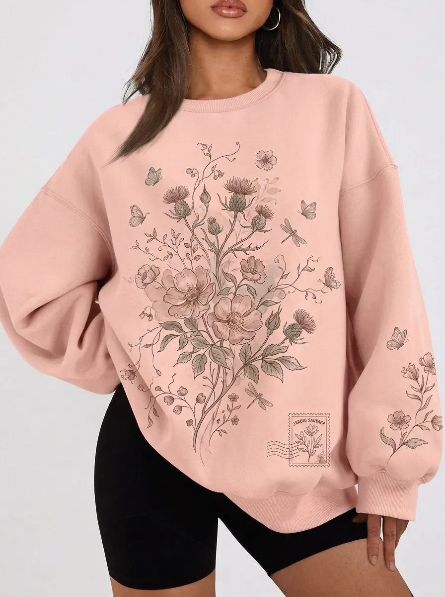 Women's Botanical Wildflower Butterfly Printed Sweatshirt