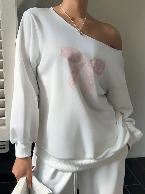 Women Bow Graphic Relaxed Fit Lace Detail Sweatshirt