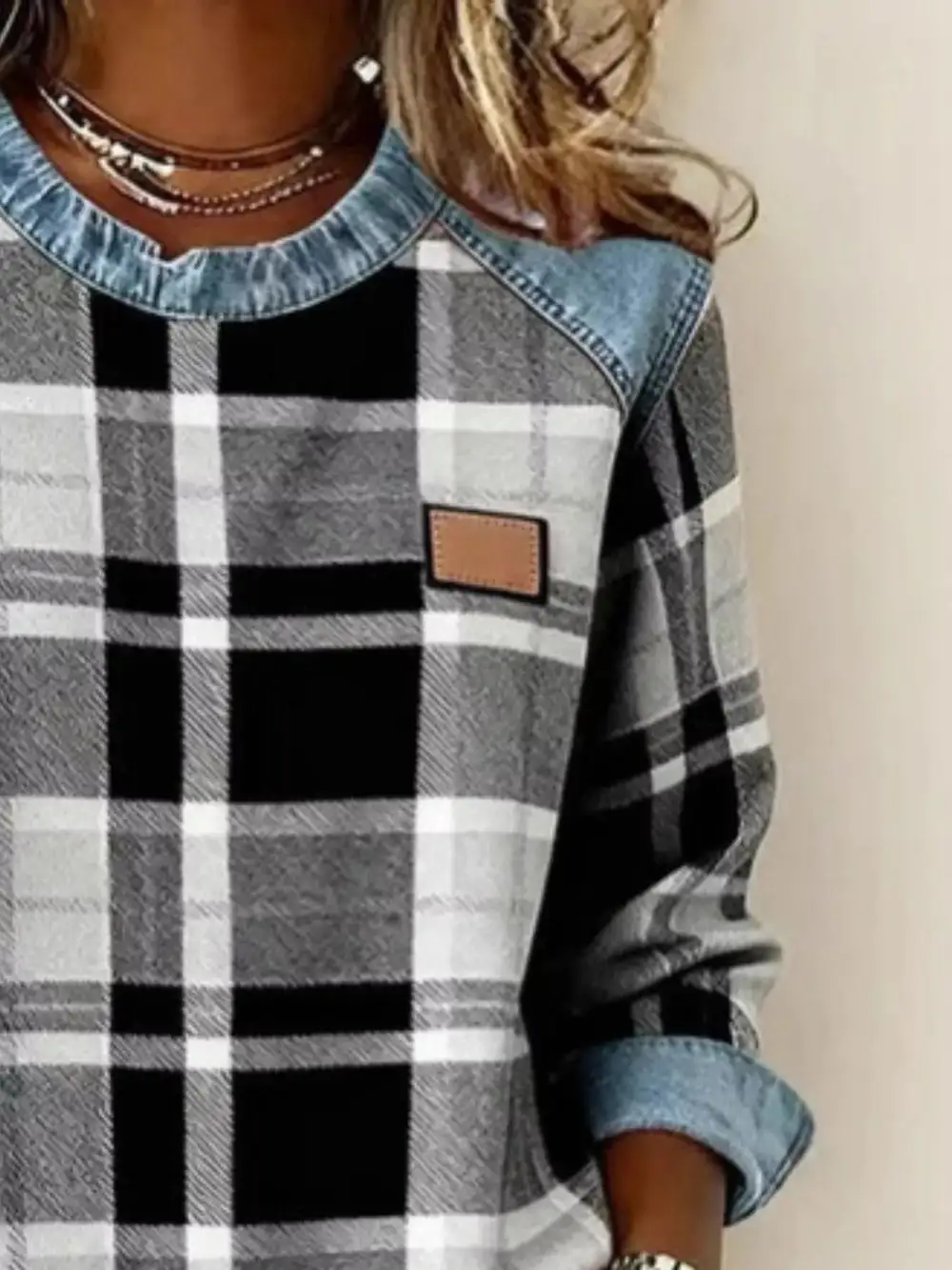 Plaid Denim Trim Long Sleeve Sweatshirt