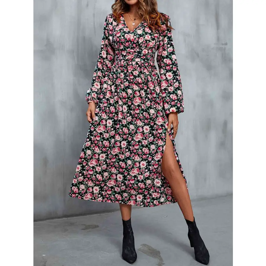 Neck V-Neck Slit Midi Dress