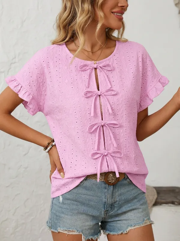 Women's Round Neck Bow-front Eyelet Blouse