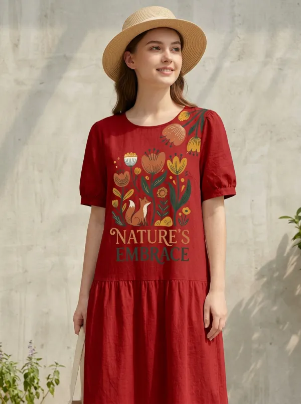 Women's Nature Lover Fox Floral Printed Midi Dress