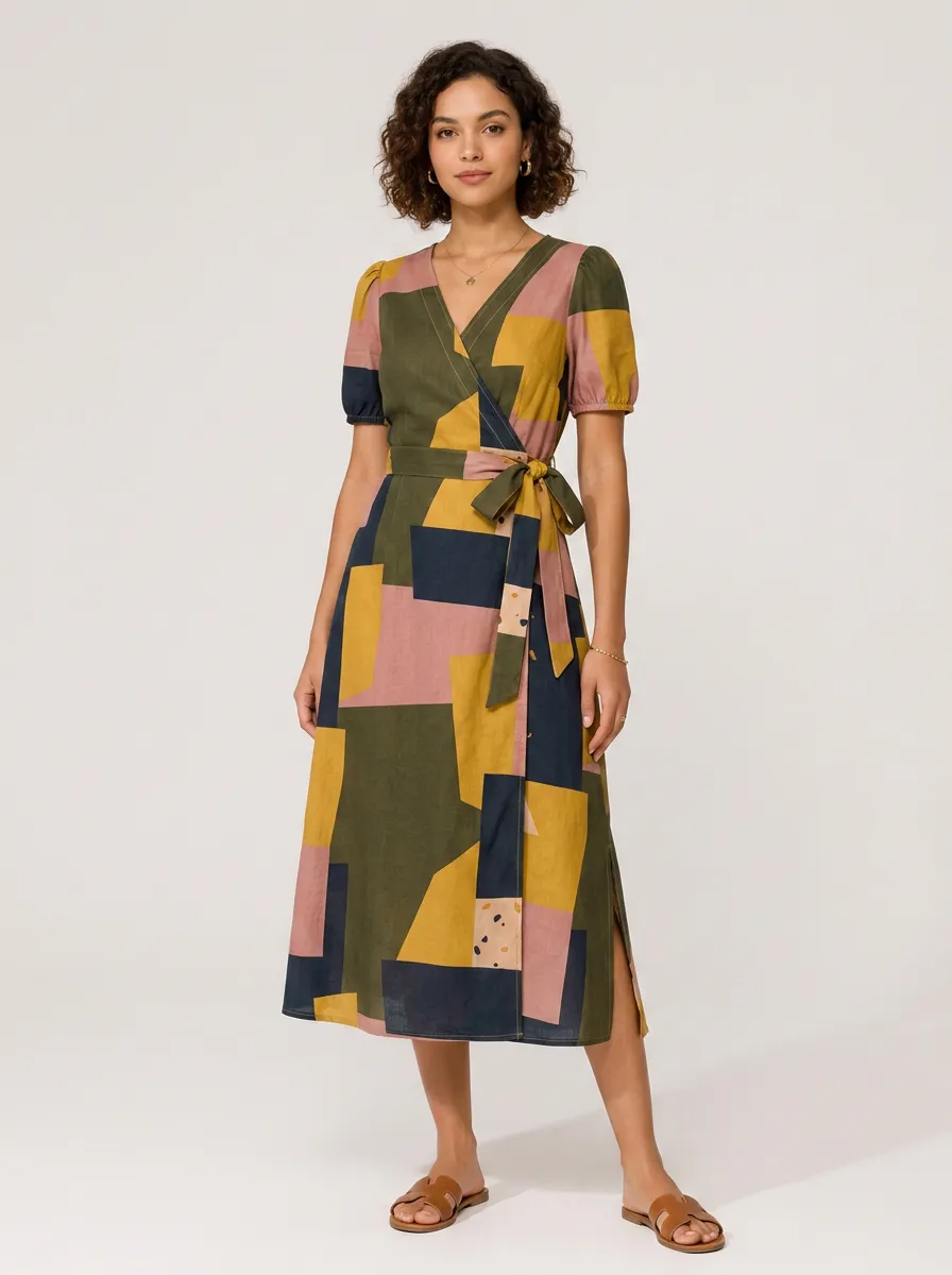 Women's Geometric Abstract Colorblock Printed Wrap Dress