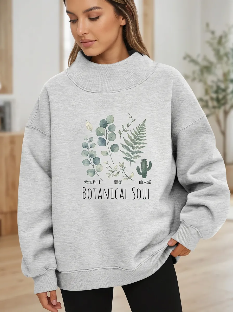 Botanical Soul Eucalyptus Fern Cactus Mock Neck Sweatshirt