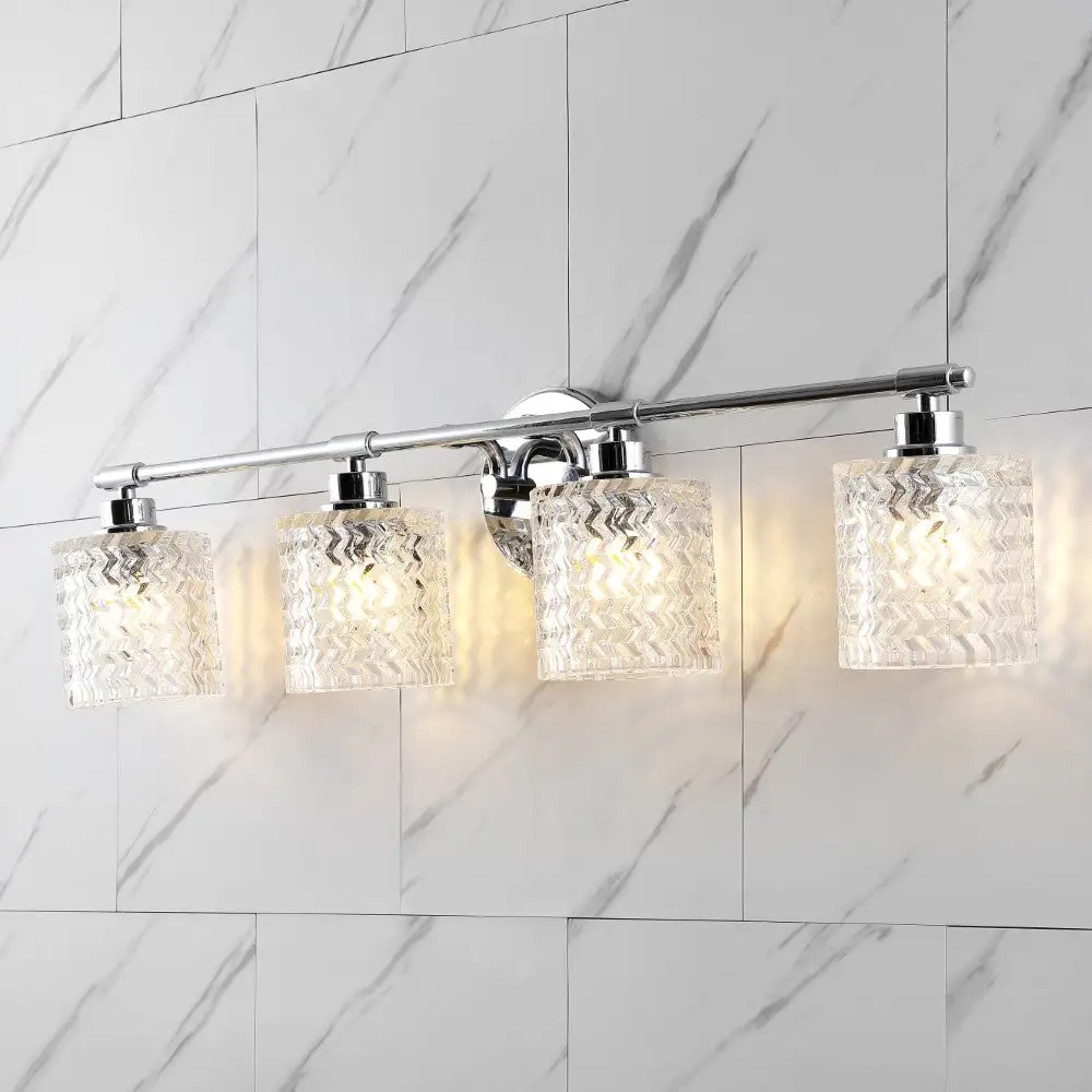 Vintage Four-Light Iron Chevron Pattern Glass Farmhouse Cottage LED Vanity Light