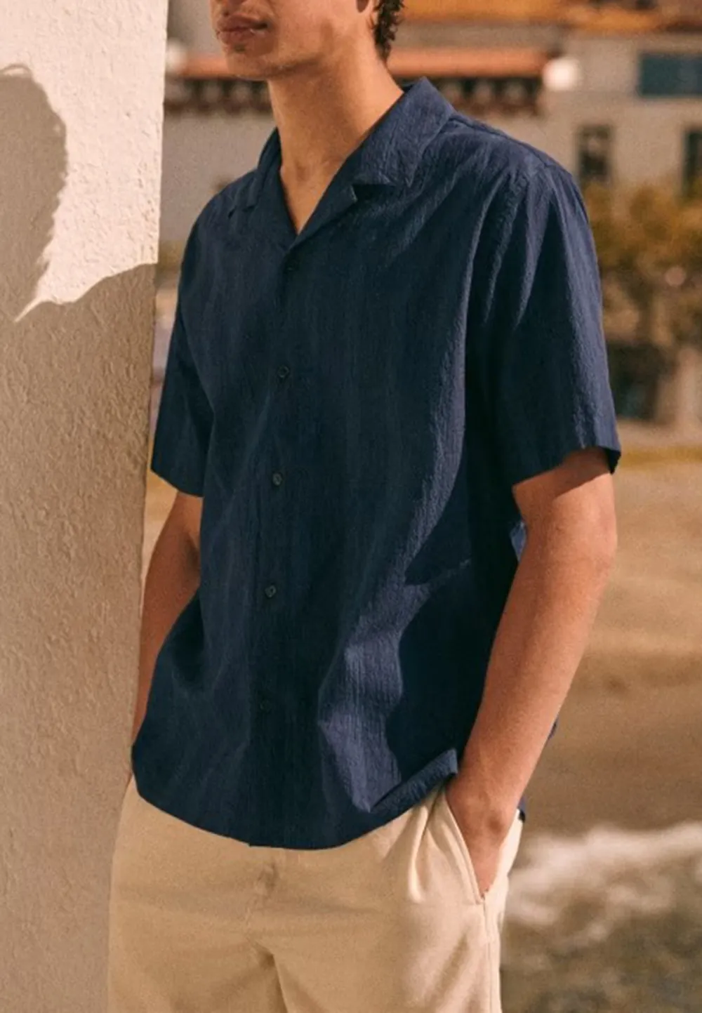 Navy Blue Seersucker Camp Collar Short Sleeve Shirt