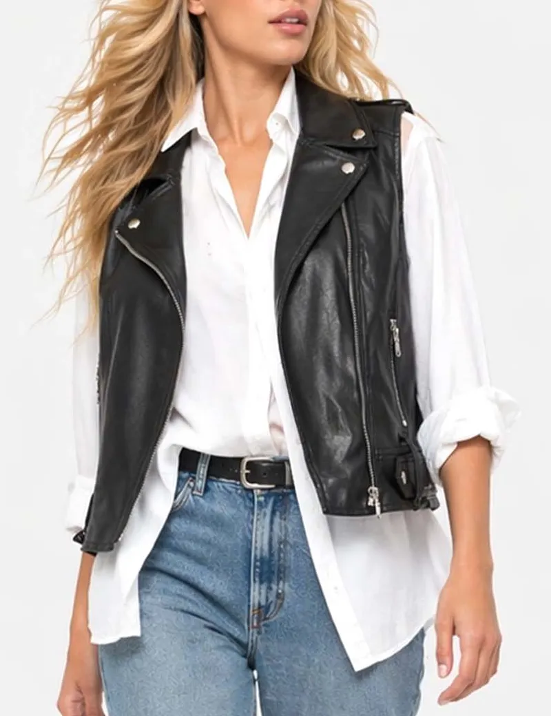 Faux Leather Notched Collar Zip Up Sleeveless Vest