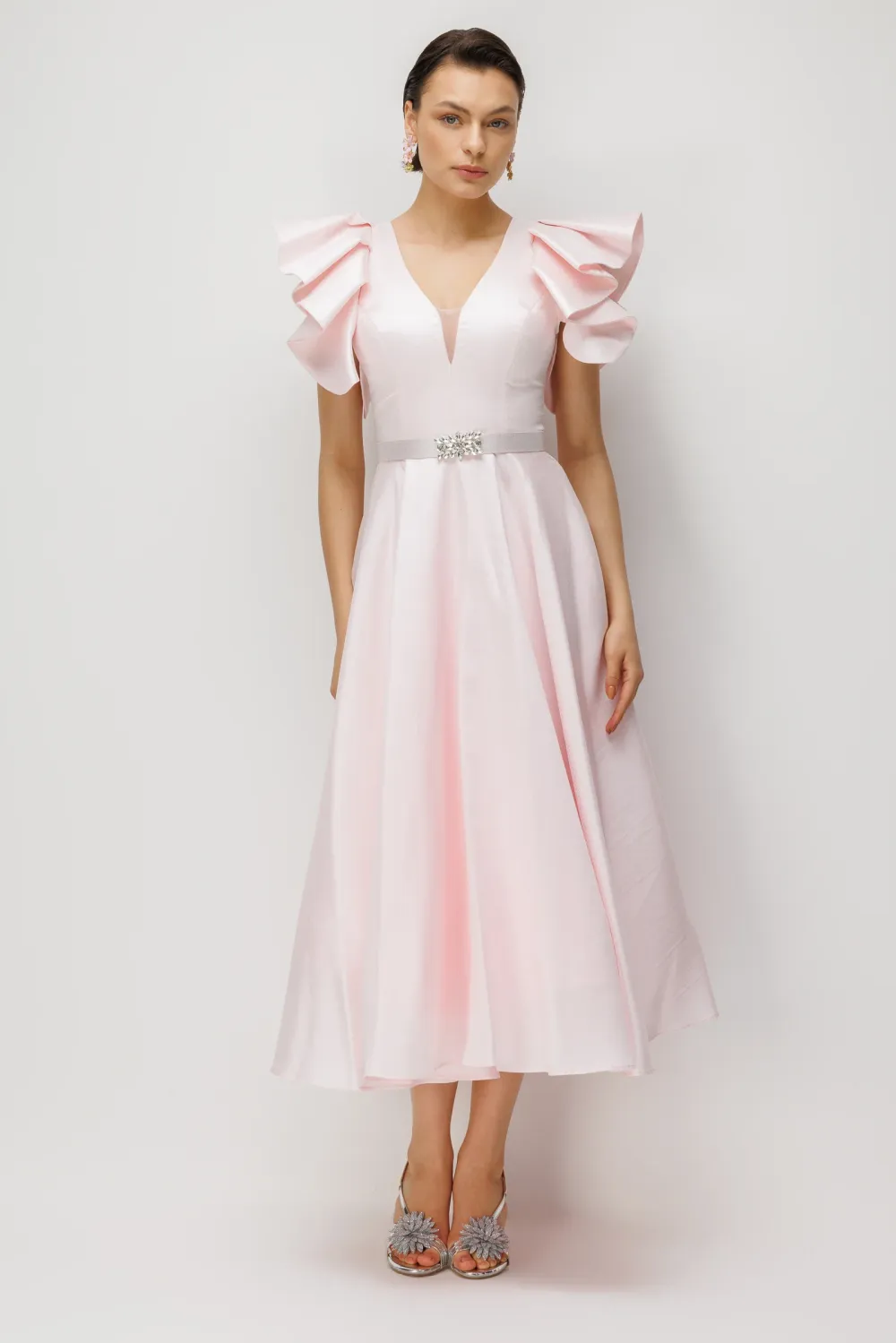 Seren V-Neck Waist Cinched A-Line Midi Dress