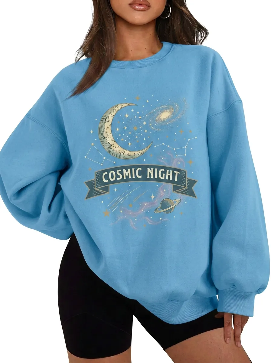 Women's Astronomy Lover Cosmic Night Moon Stars Printed T-shirt