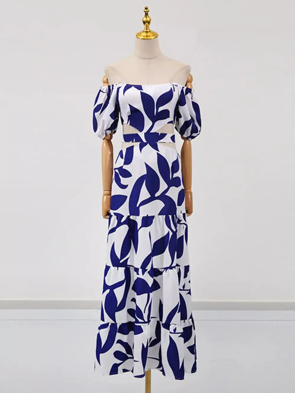 Off Shoulder Cutout Leaf Print Maxi Dress