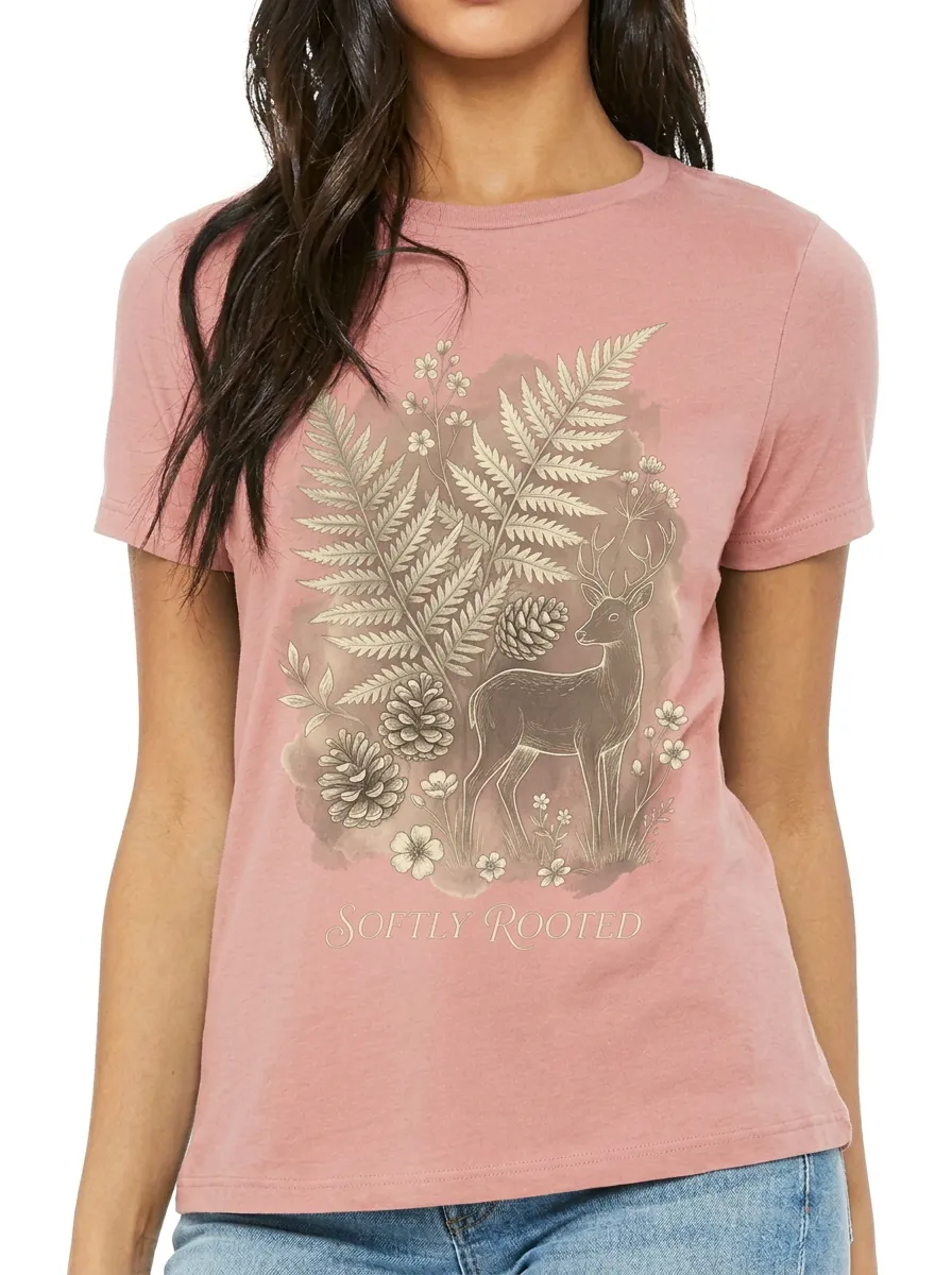 Women's Nature Lover Softly Rooted Deer Fern Pinecone Printed T-shirt