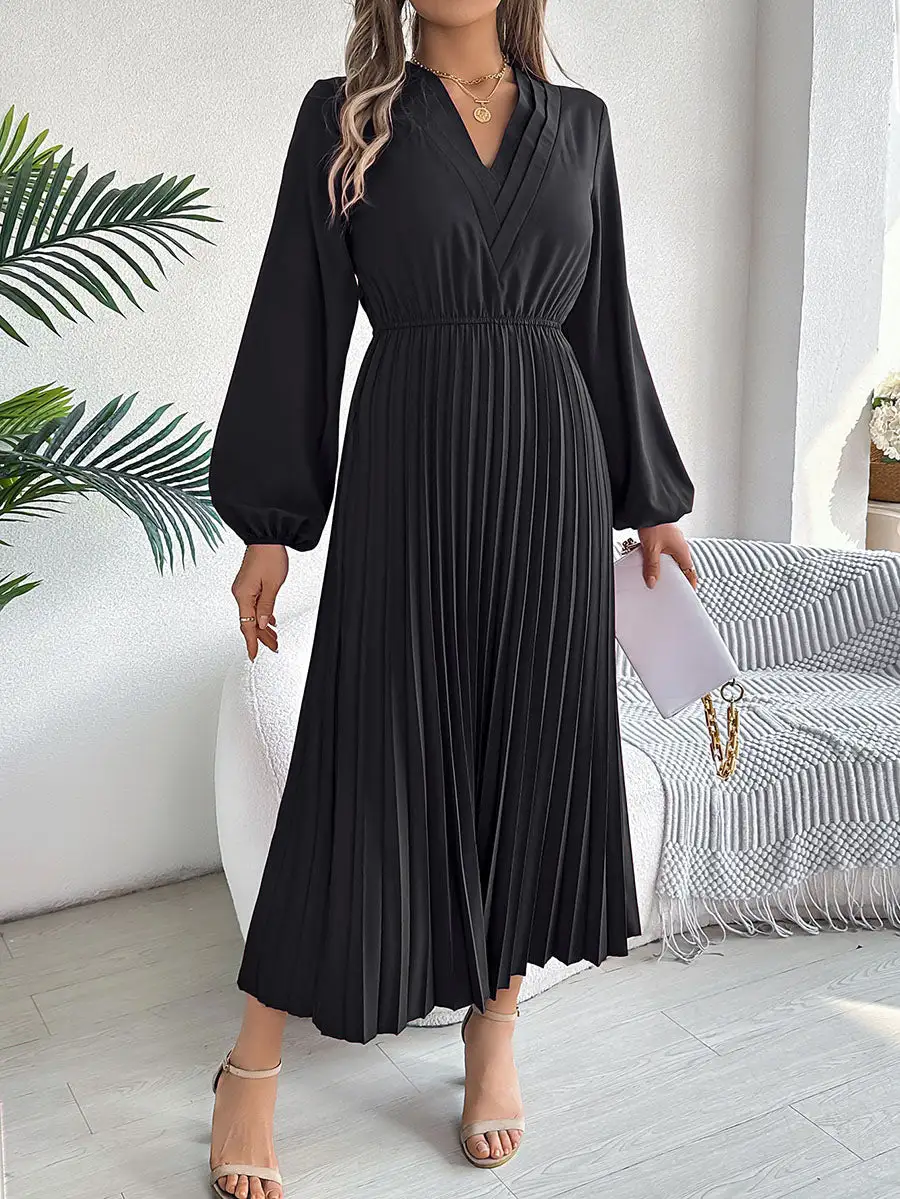 Elasticity Pleated Neck Maxi Dress