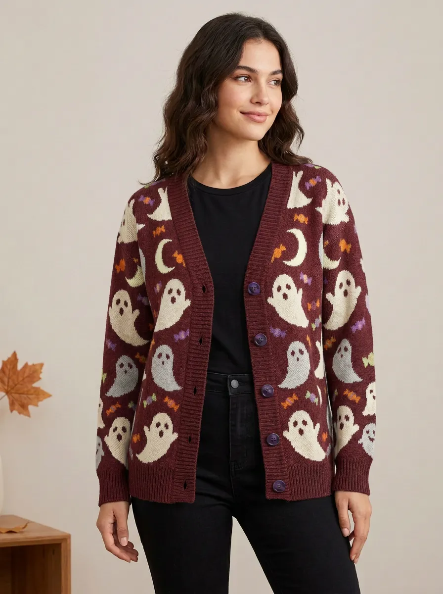 Women's Ghost Moon Candy Halloween Knit Cardigan