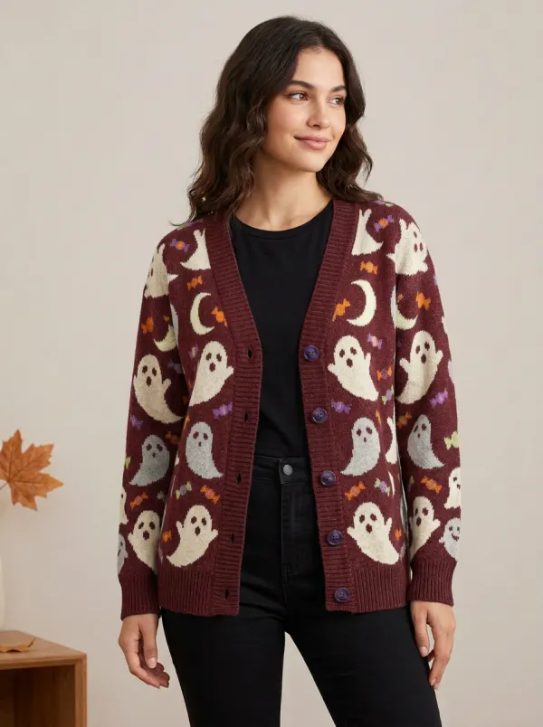 Women's Ghost Moon Candy Halloween Knit Cardigan