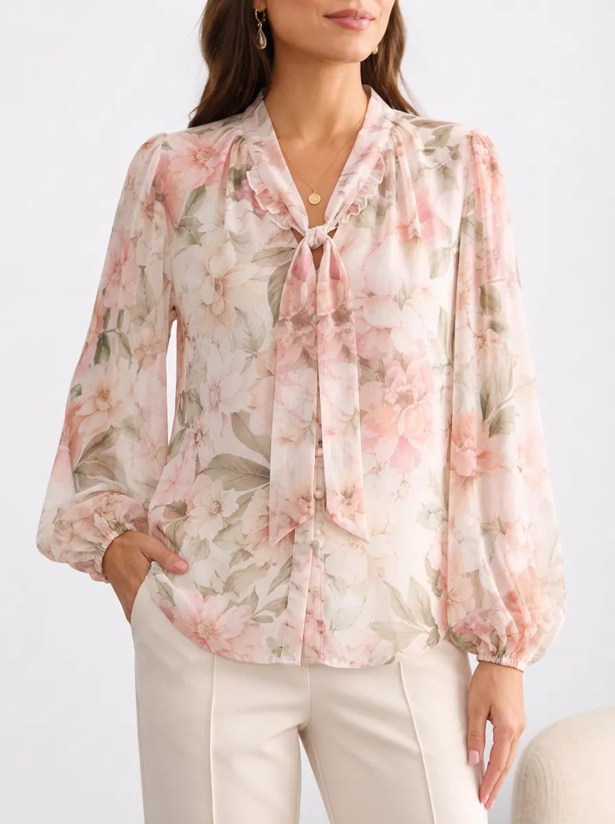 Women's Floral Pattern Tie-Neck Long Sleeve Printed Blouse