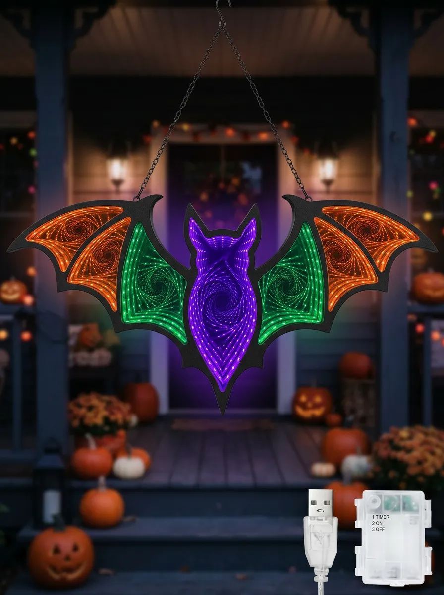 Infinity-Mirror LED Hanging Halloween Bat Light