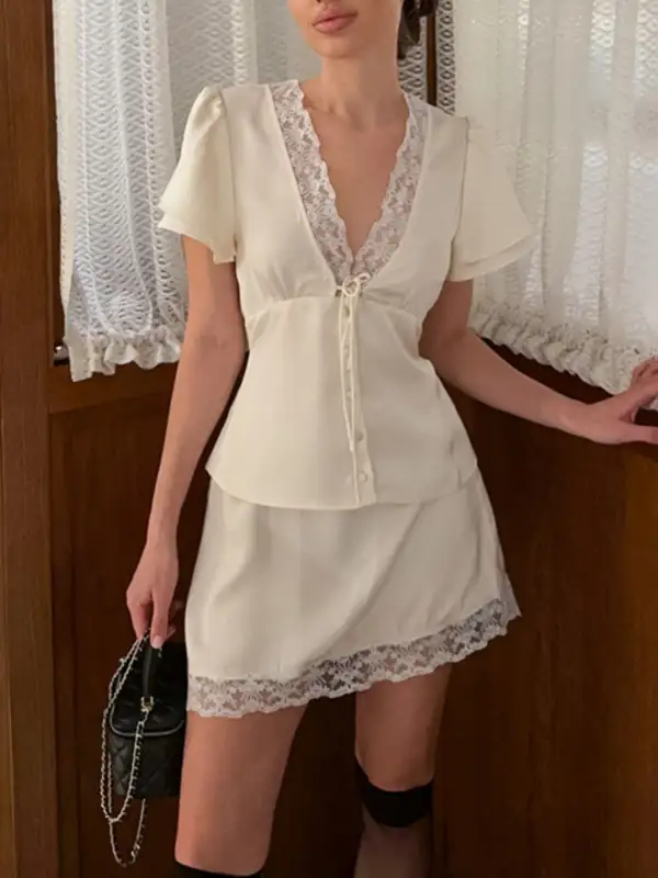 Textured Lace Trimmed Top And Skirt Two-Piece Set