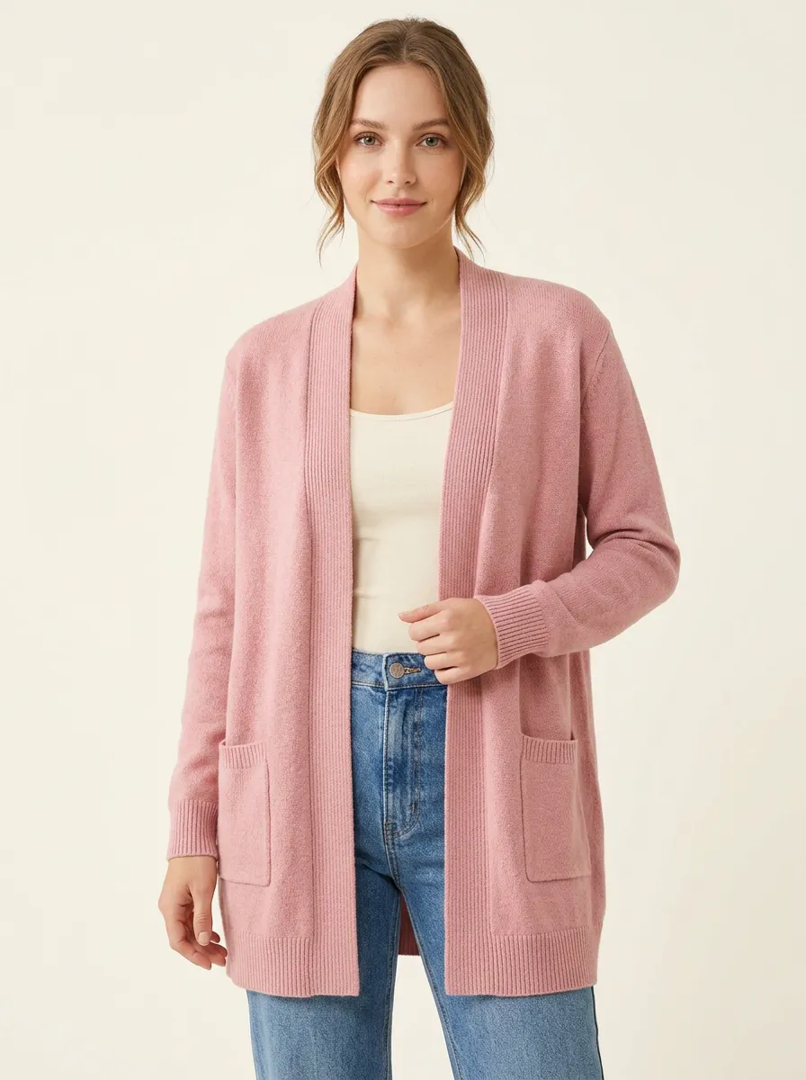 Women's Casual Pink Solid Color Front Knit Cardigan