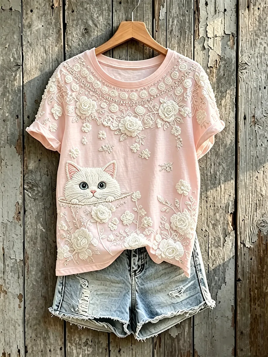 Women'S Casual Floral Cat Printed T-Shirt