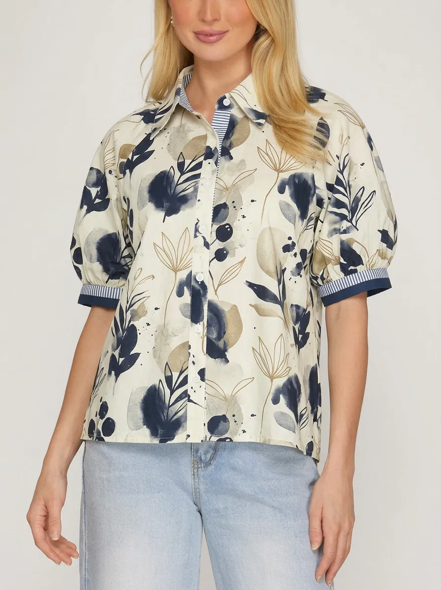 Women's Botanical Abstract Floral Printed Puff Sleeve Shirt