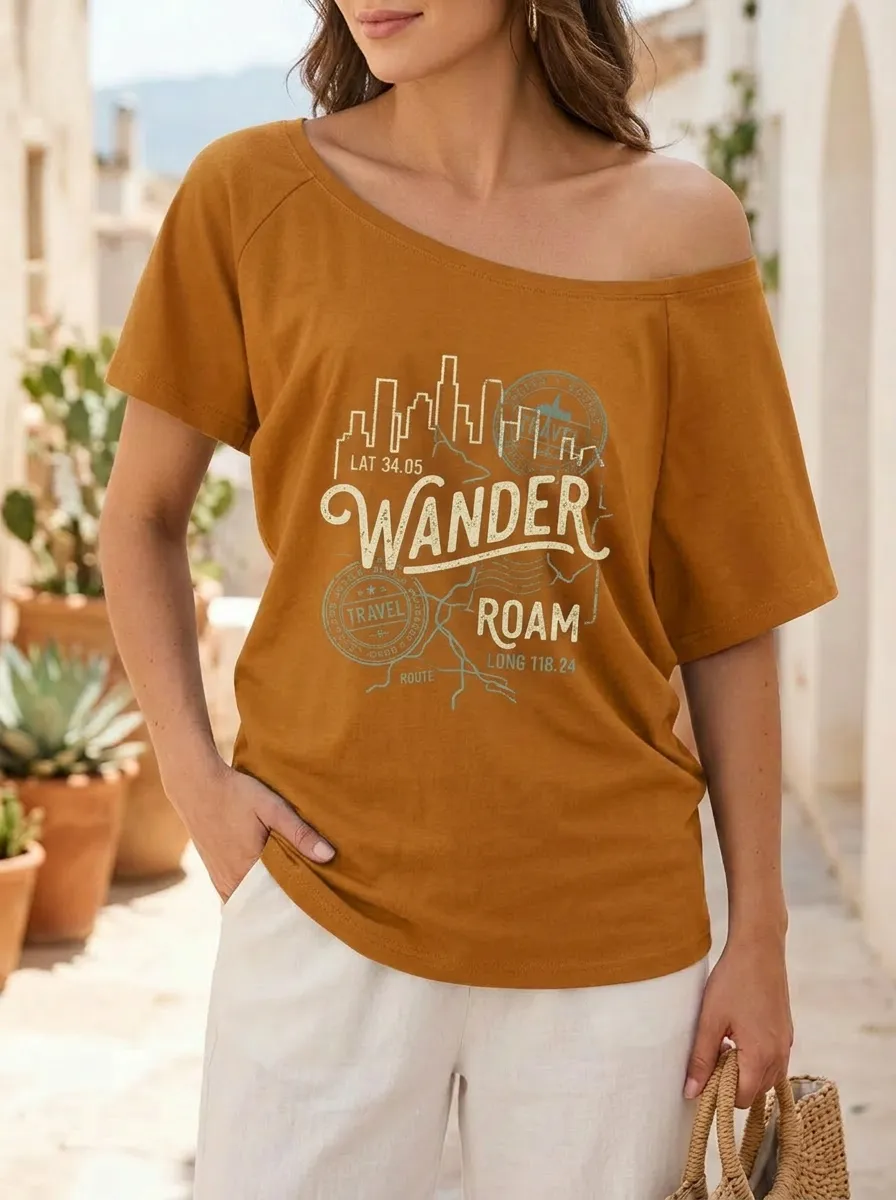 Women's Travel Lover Wander Roam City Skyline Printed Off-Shoulder Top