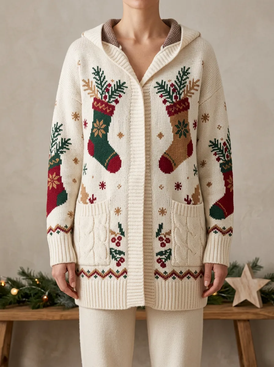 Christmas Stocking Pine Branch Pattern Knit Hooded Cardigan
