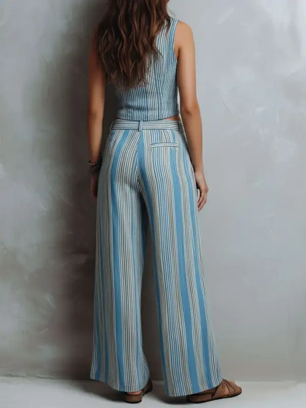 Boho Blue Striped Vest & Wide-Leg Pant Set