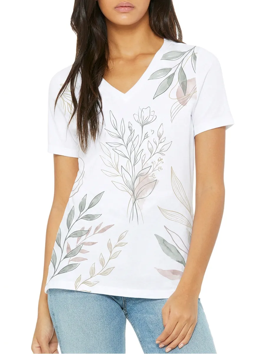 Women's Botanical Nature Lover Watercolor Floral Printed V-neck T-shirt