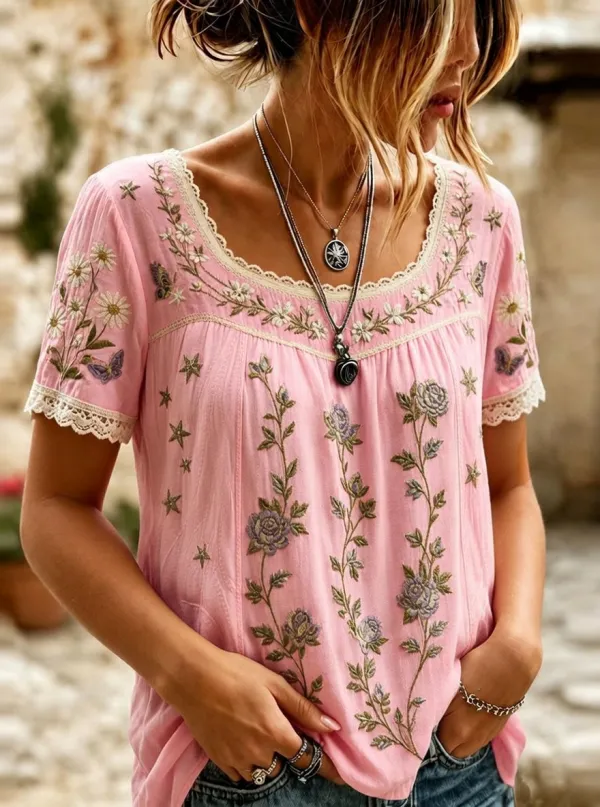 Women's Boho Floral Star Butterfly Embroidered Printed T-shirt