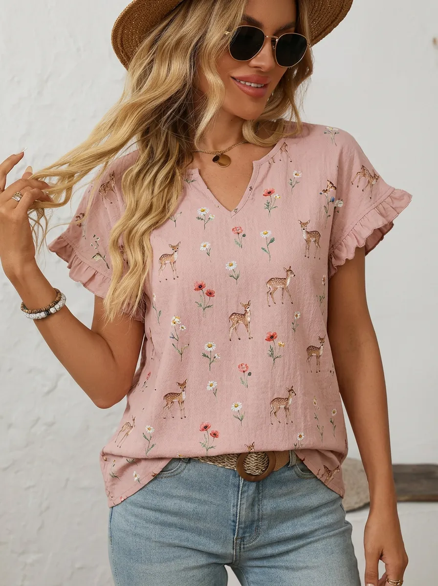 Deer Wildflower Nature Women's Loose Printed Blouse