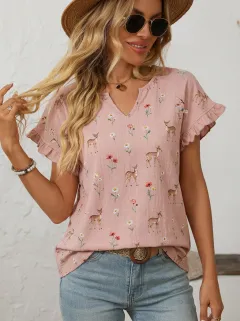 Deer Wildflower Nature Women's Loose Printed Blouse
