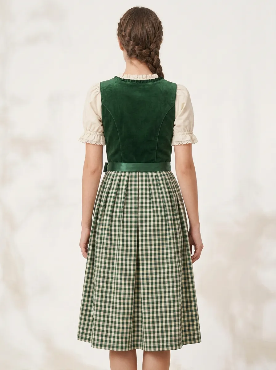 Floral Embroidered Edelweiss Gingham Lace Apron Women's Bavarian Oktoberfest Dirndl Dress