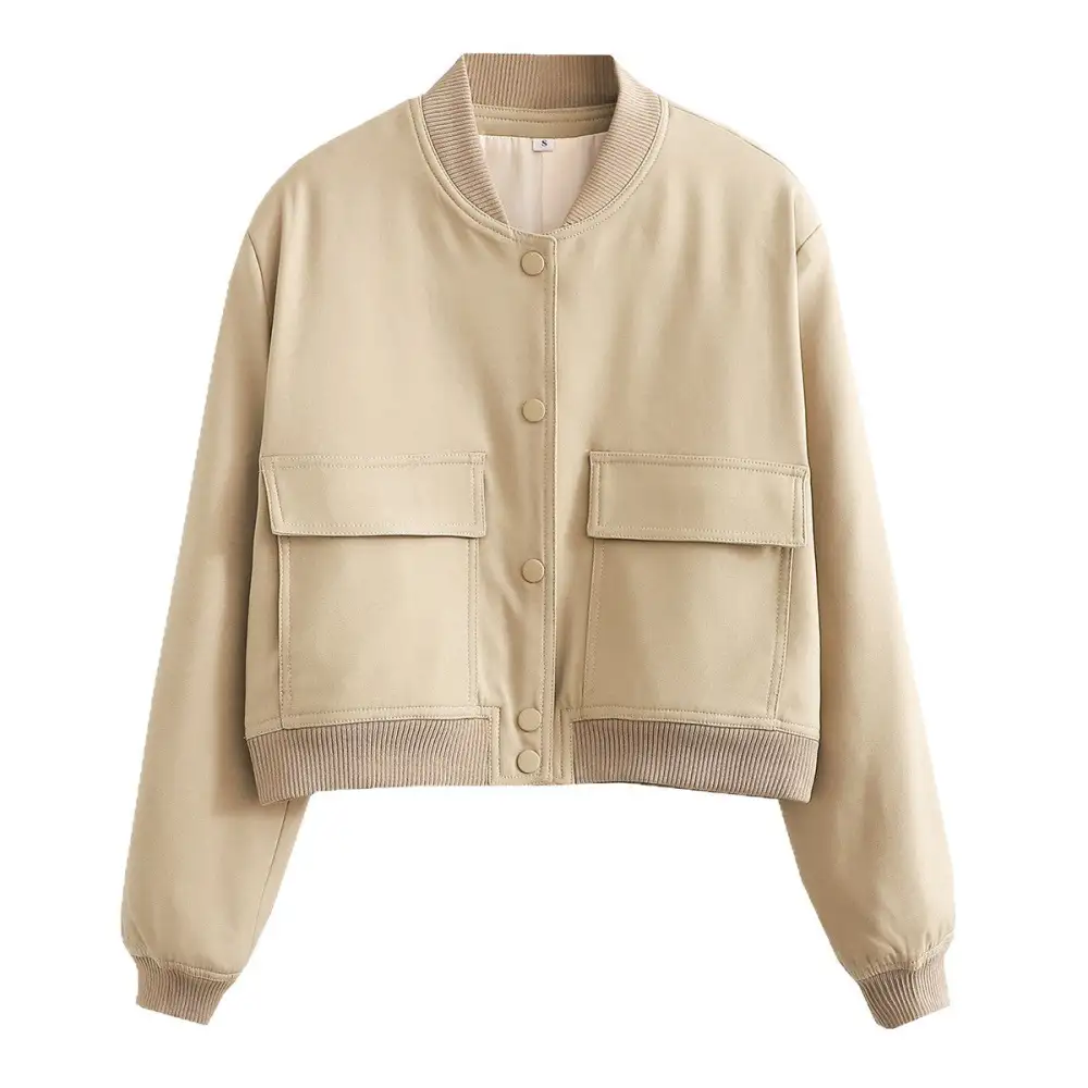 Cropped Flap Pocket Ribbed Trim Bomber Jacket