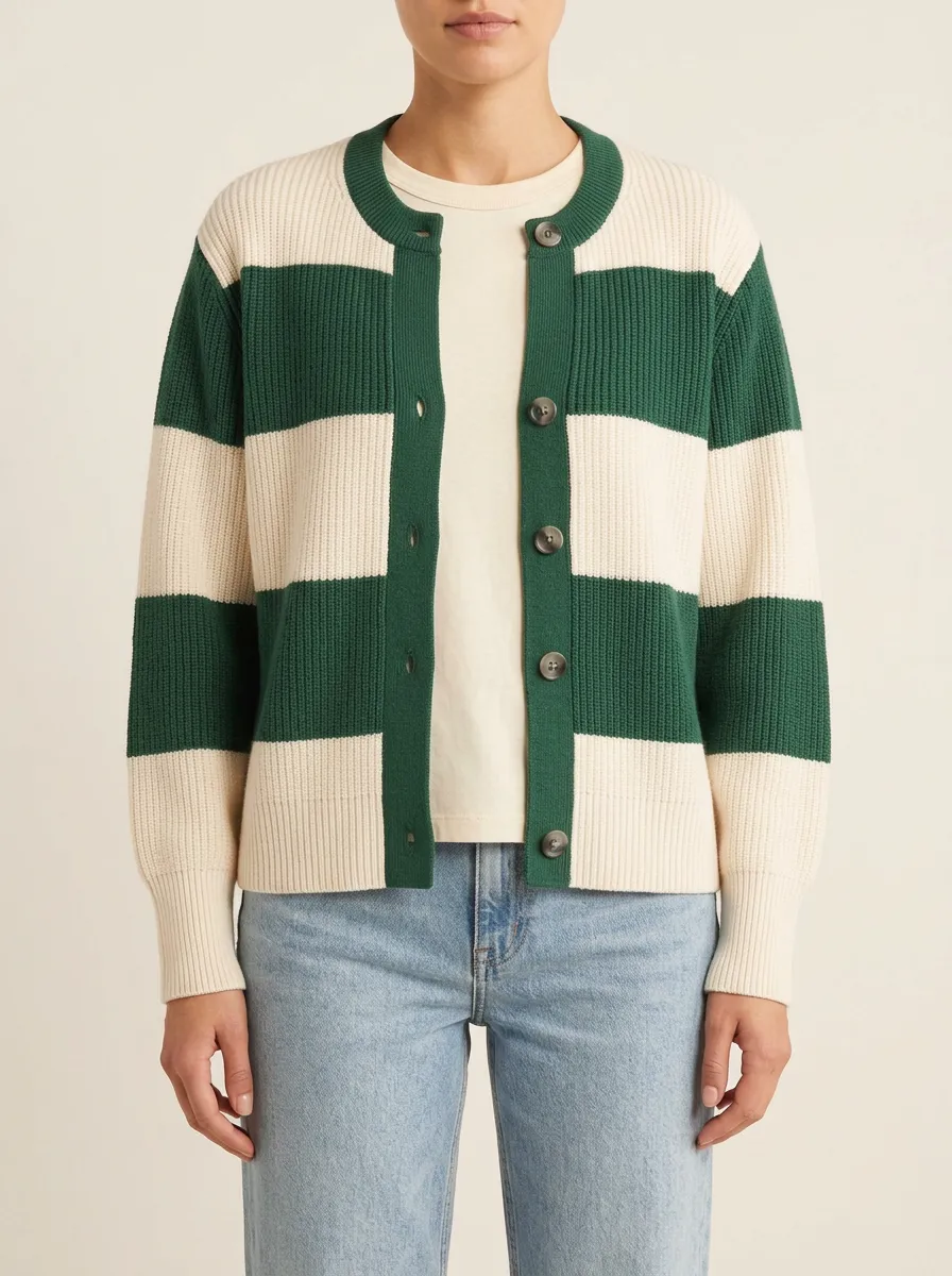 Classic Patterned Distinctive Rugby Striped Knit Cardigan