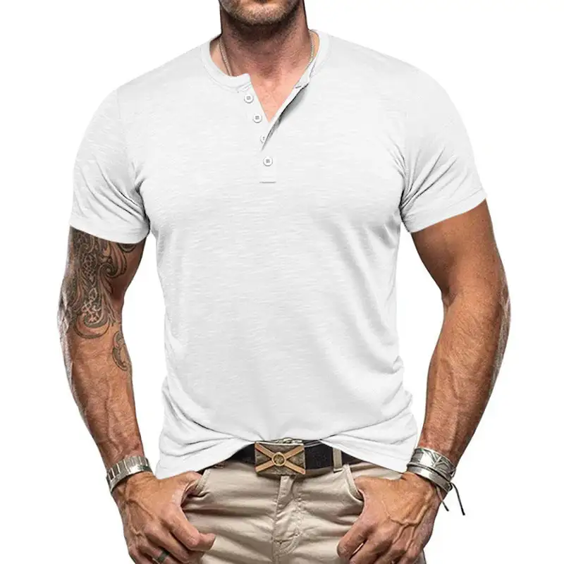 Men's Nano Athletic Henley T-Shirt Structured Slub Cotton With Short Button Placket