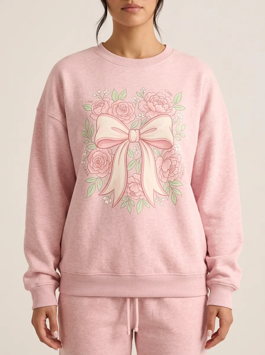 Women's Breast Cancer Awareness Floral Bow Printed Sweatshirt