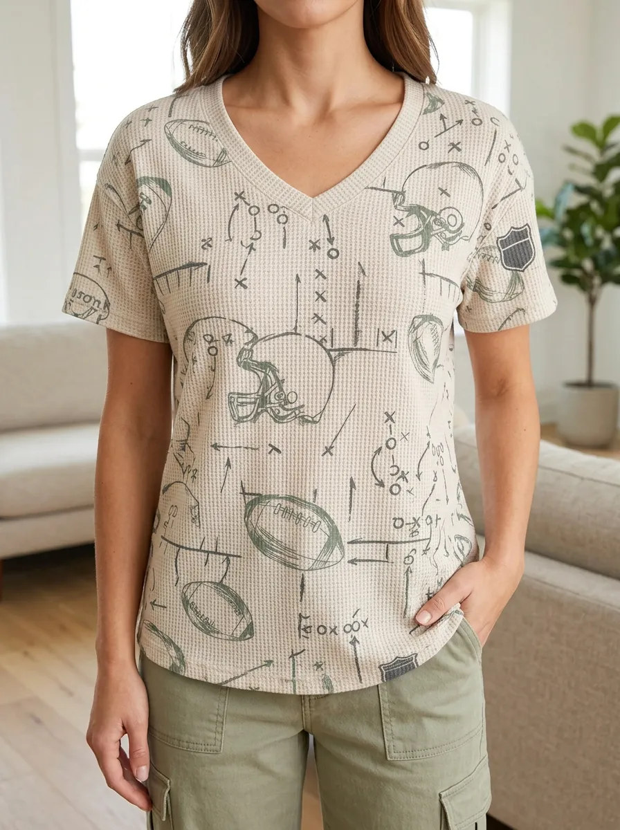 Women's Varsity Football Fan Playbook Printed Waffle Knit V-Neck Top