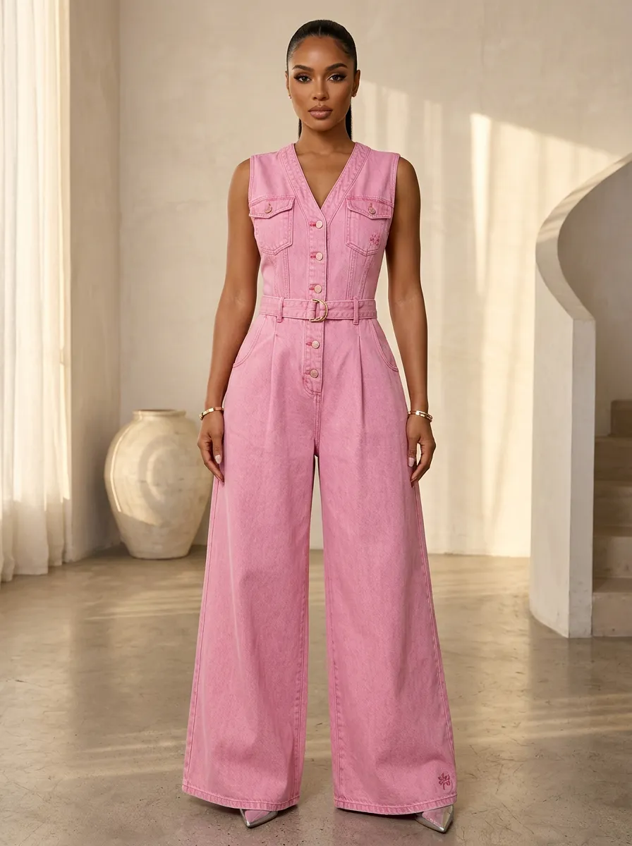 Pink Sleeveless Button-Front Denim Jumpsuit