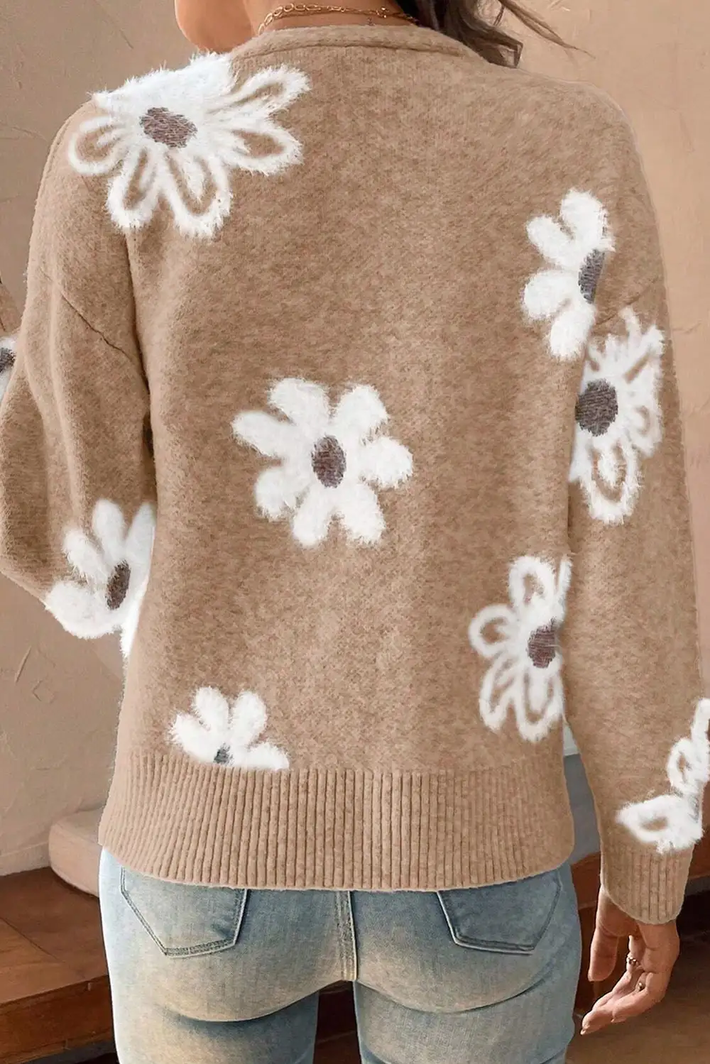 Soft Knit Button Front V Neck Floral Cardigan
