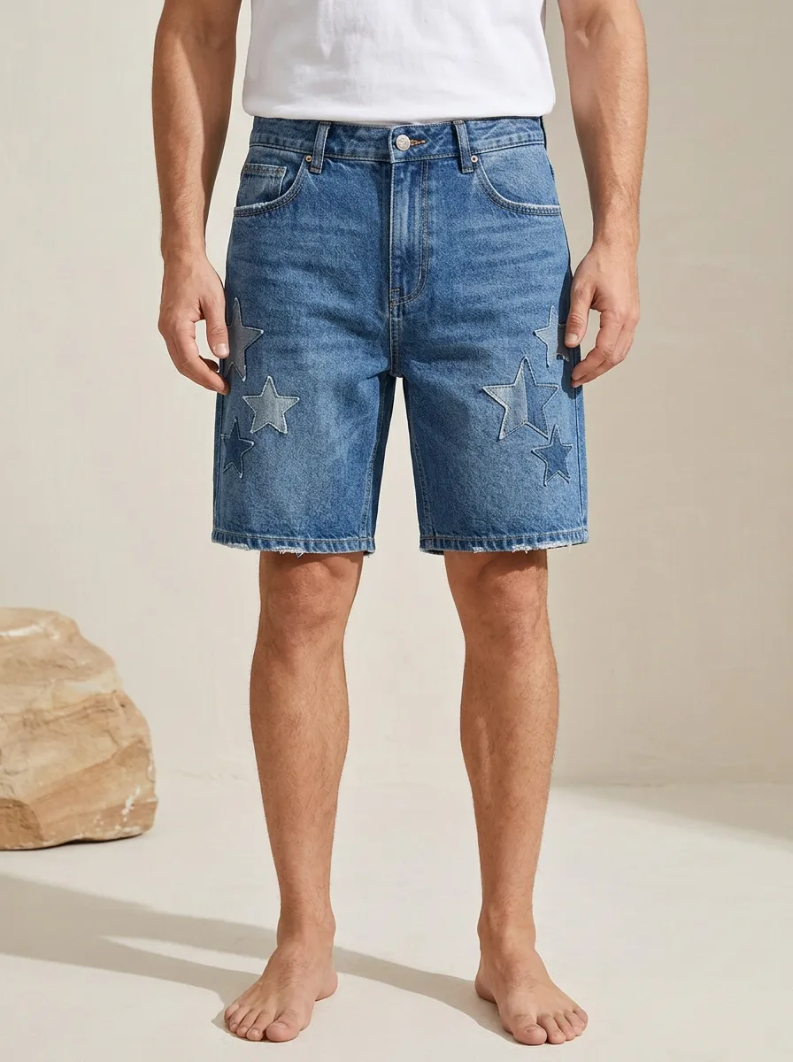 Men's Casual Star Patchwork Blue Denim Shorts