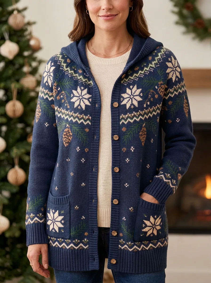Christmas Snowflake Pinecone Pattern Print Festive Hooded Cardigan