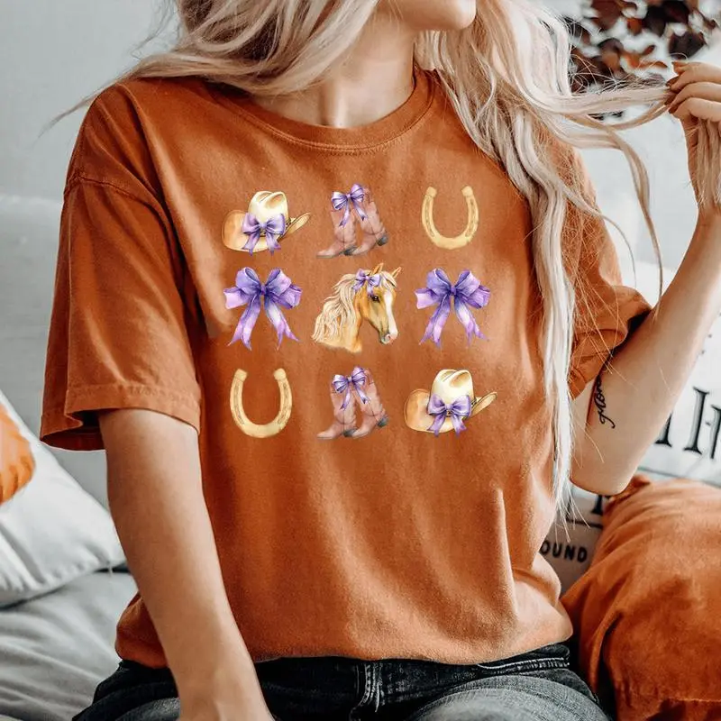 Western Girl Country Rodeo Purple Cowgirl Horse Coquette Bow Women's Oversized Comfort T-shirt