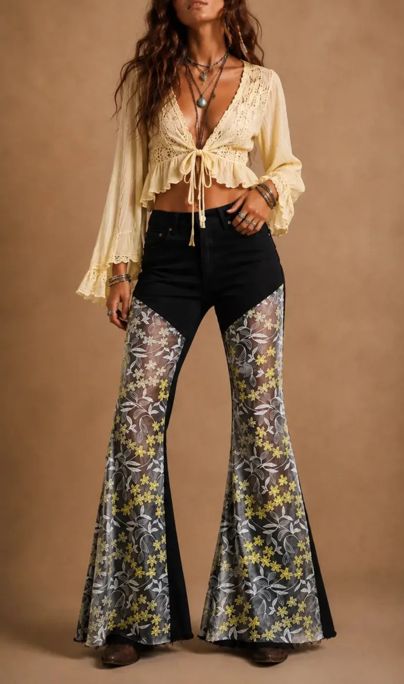 Lace Detail Flare High Rise Embroidered Western Style Denim Jeans